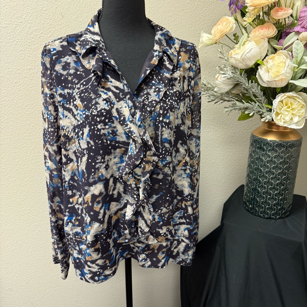 Cabi Abstract Ruffle Front Blouse Navy Blue Beige Long Sleeve Button Top LG